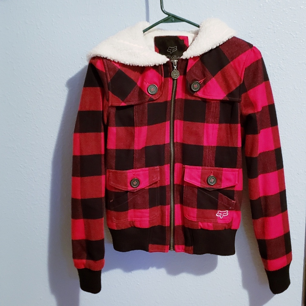 FOX Racing Red and Black Plaid Jacket with Hood